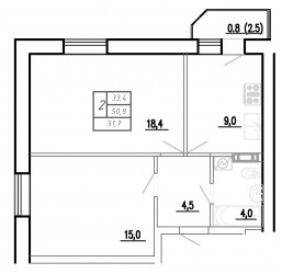 Двухкомнатная квартира 50.9 м²