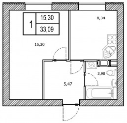 Однокомнатная квартира 33.09 м²