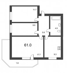 Трёхкомнатная квартира 59.3 м²