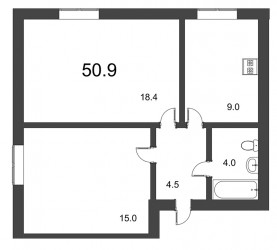 Двухкомнатная квартира 50.9 м²