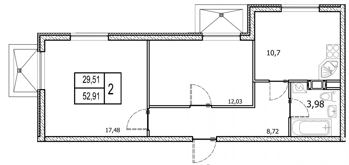 Двухкомнатная квартира 52.91 м²