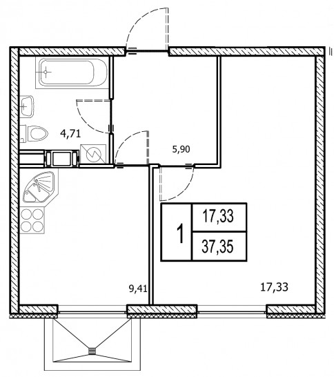 Однокомнатная квартира 55.78 м²