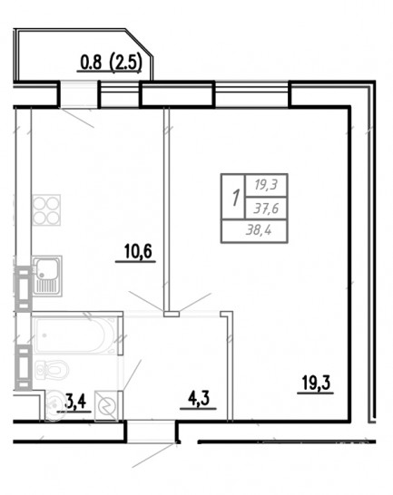 Однокомнатная квартира 37.6 м²