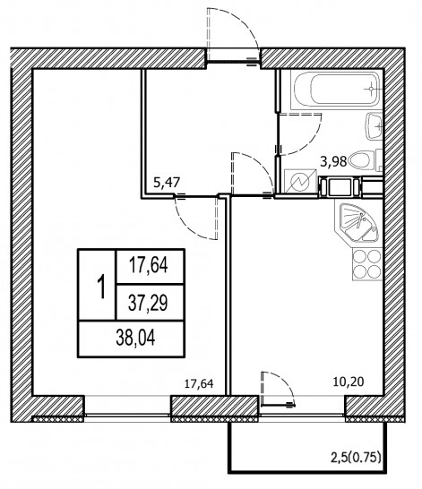 Однокомнатная квартира 38.04 м²