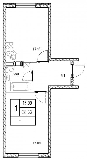 Однокомнатная квартира 38.33 м²