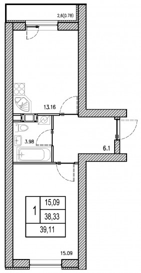 Однокомнатная квартира 39.11 м²