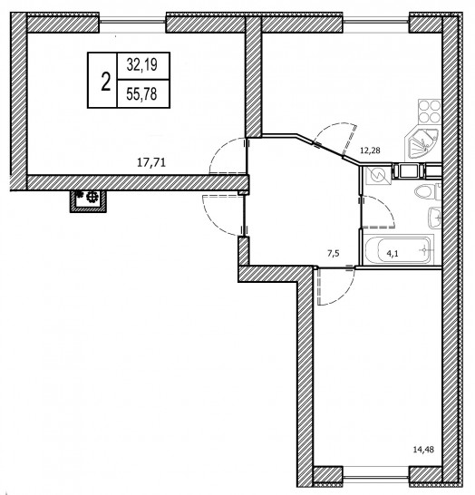 Двухкомнатная квартира 49.69 м²