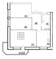 Трёхкомнатная квартира 59.3 м²