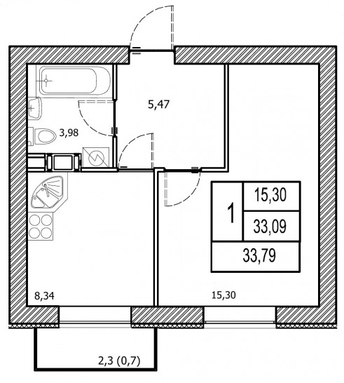 Однокомнатная квартира 57.76 м²