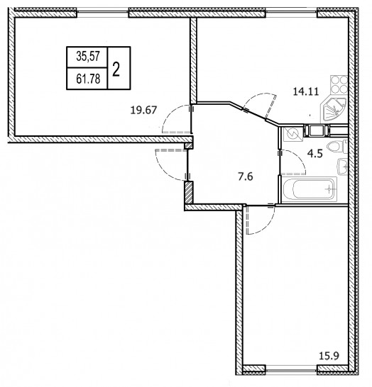 Двухкомнатная квартира 61.78 м²