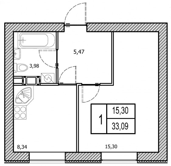 Однокомнатная квартира 57.76 м²