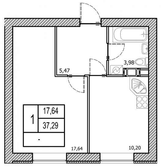 Однокомнатная квартира 37.29 м²