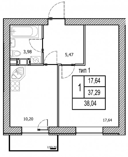 Однокомнатная квартира 38.04 м²