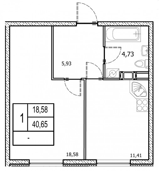 Однокомнатная квартира 40.65 м²