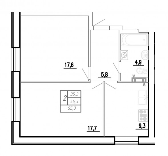 Двухкомнатная квартира 55.3 м²