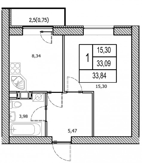 Однокомнатная квартира 33.84 м²