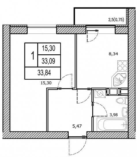 Однокомнатная квартира 33.84 м²