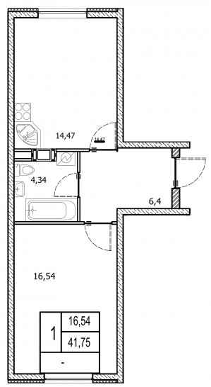 Однокомнатная квартира 41.75 м²